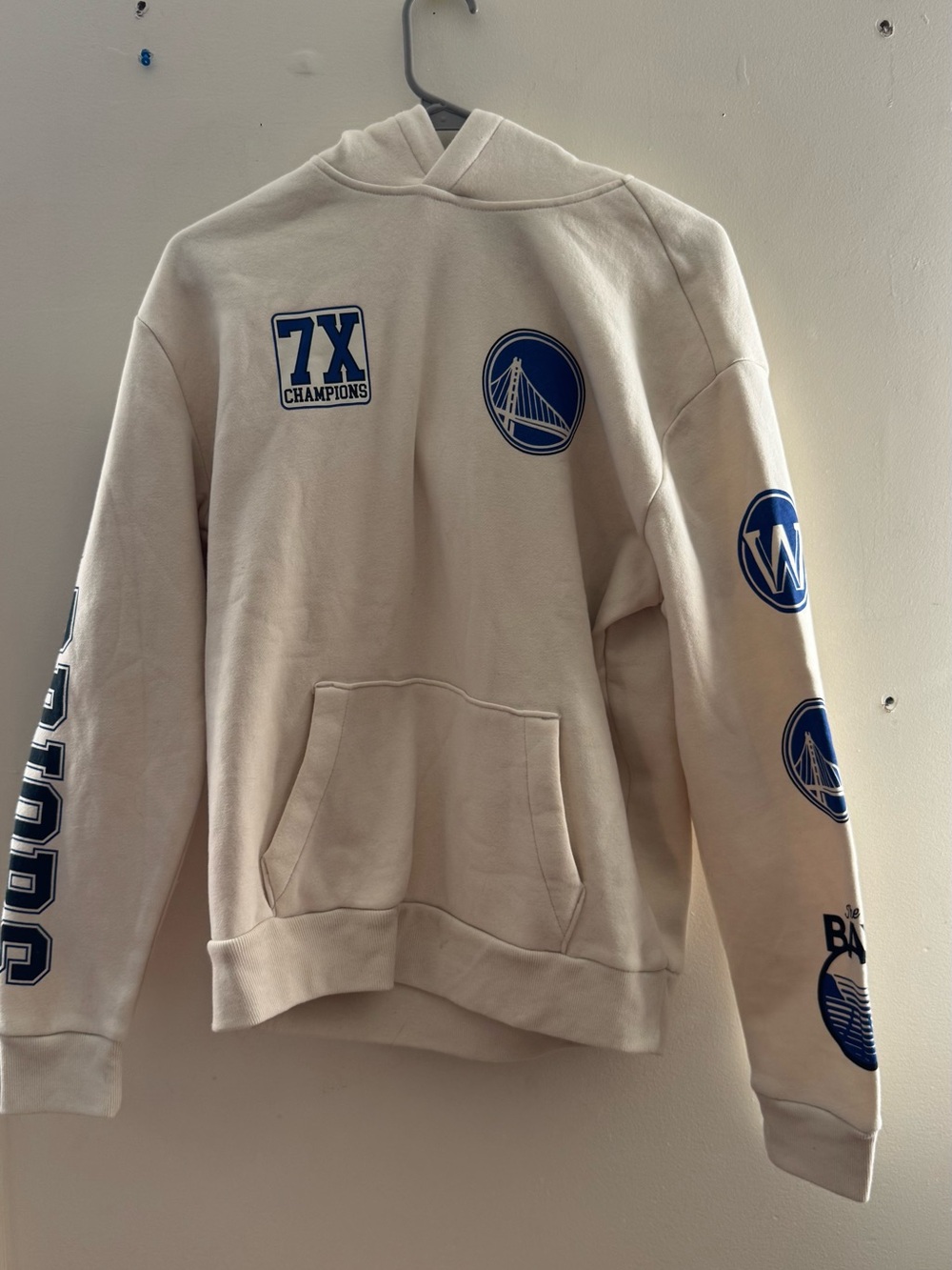 NBA Beige Crewneck Hoodie with Blue Warriors Logos